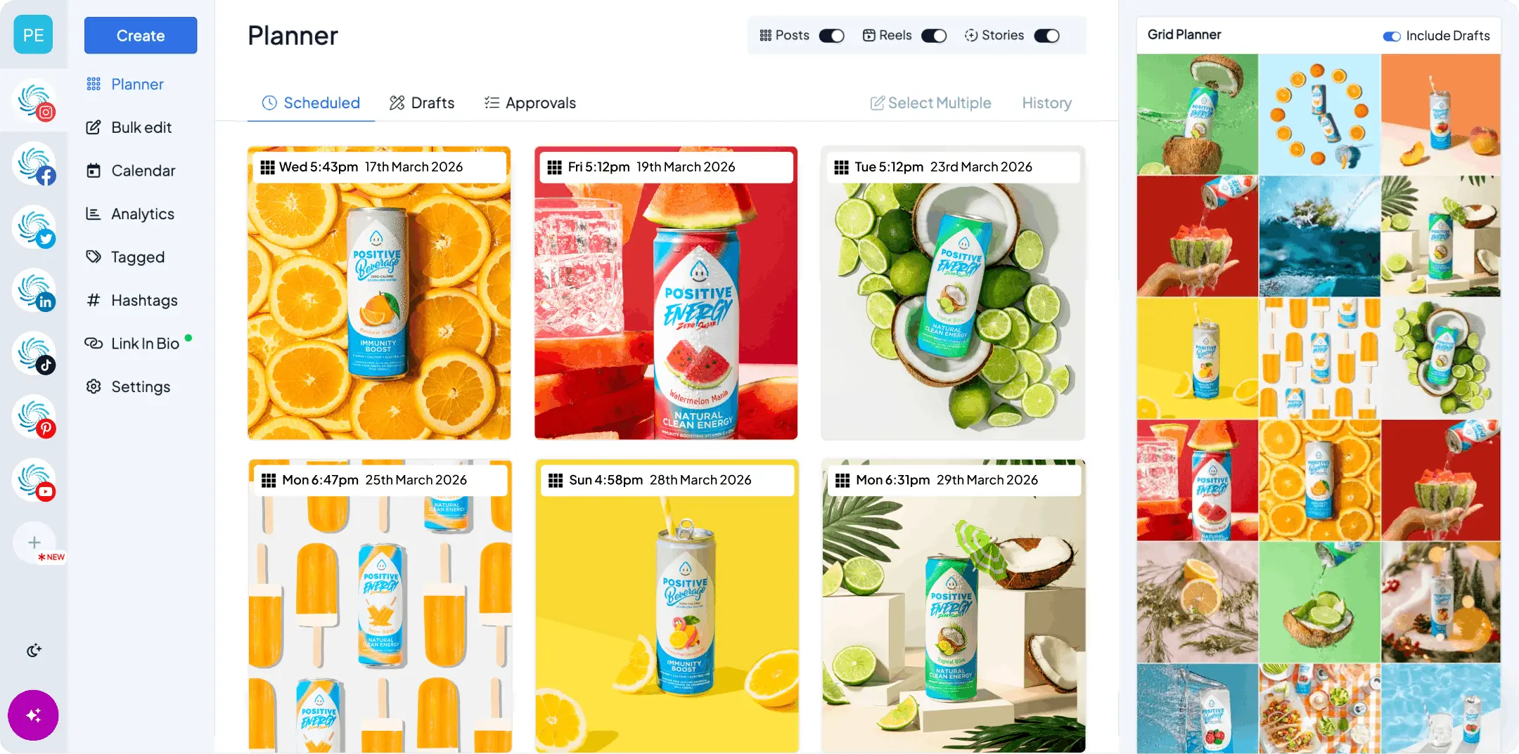 Hopper HQ planner showing scheduled posts, drafts and approvals as cards, with the Instagram grid planner preview beside them